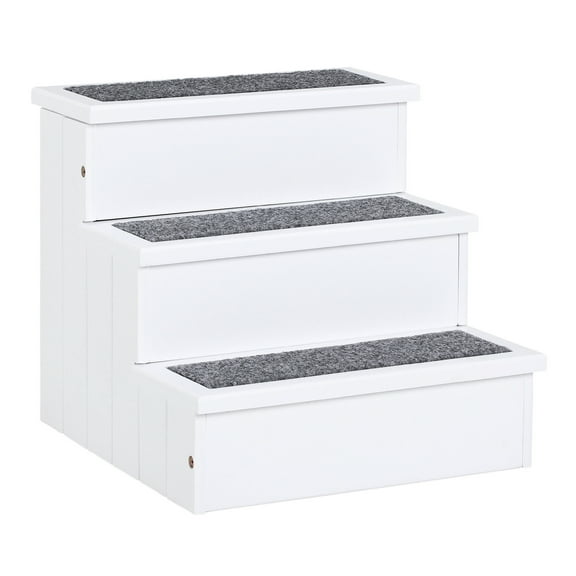 Pet Stairs for Small Dogs & Cats - 3 Step Wooden Ramp - Non-Slip Carpeted Pet Steps for Furniture & Bed - White White   Wood