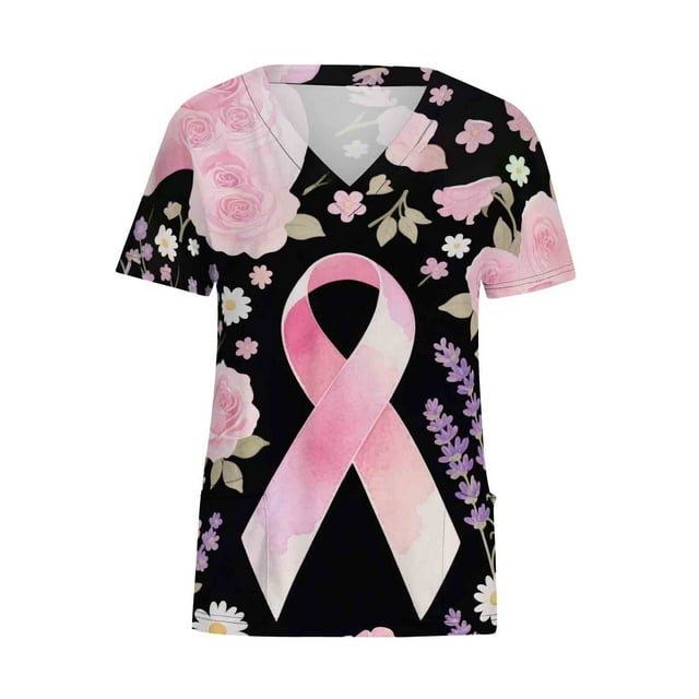 Women's V-Neck Scrub Tops, Short Sleeve Nursing Uniform Top with Pink Ribbon Print and Pocket for Healthcare Work