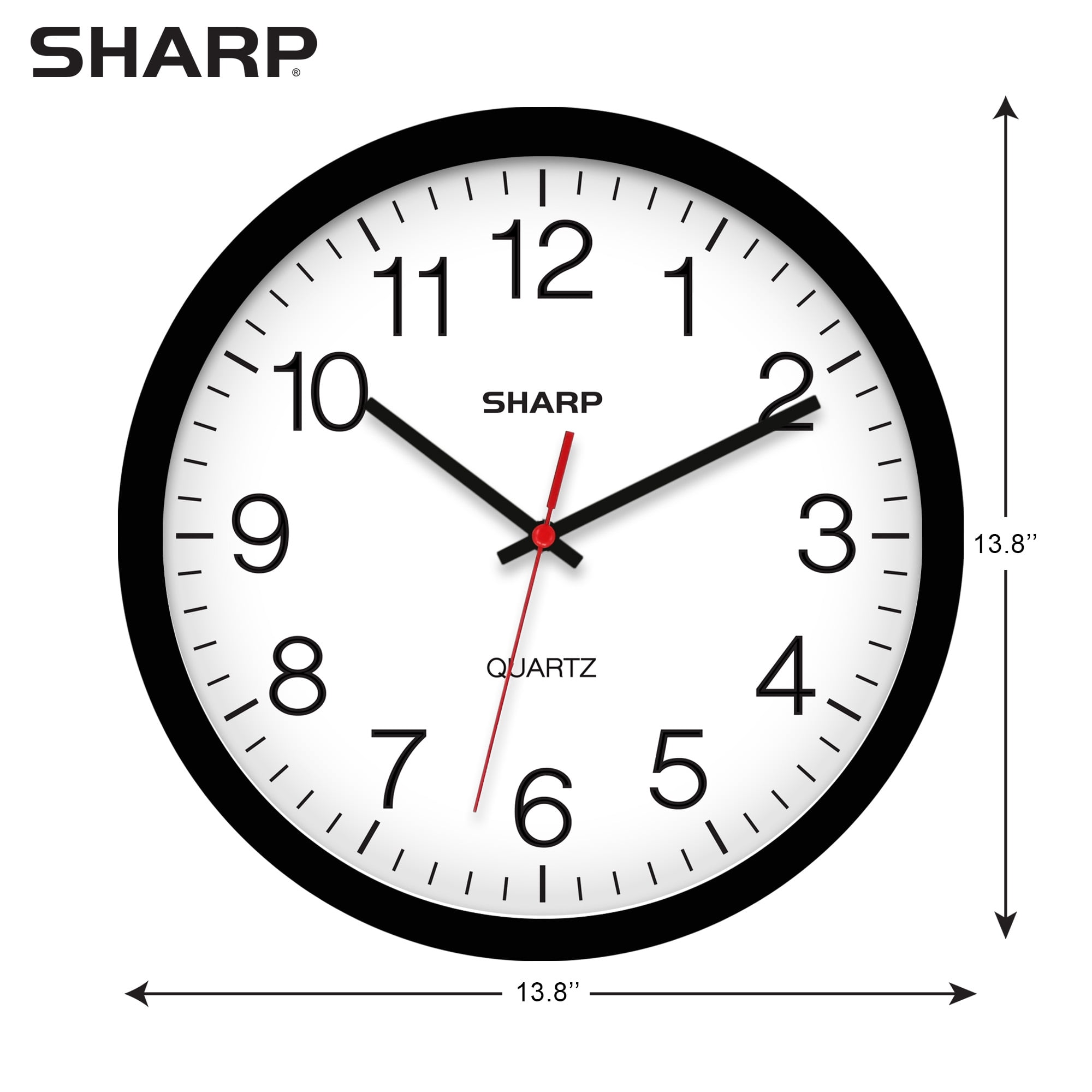 Sharp 14 Inch Silent Non Ticking Wall Clock, Quartz, Battery Operated, Round, Black