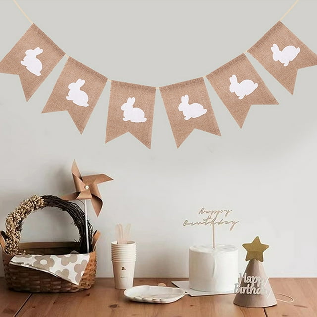 SuoKom Easter Flag Rabbit Hanging Flag Linen Rabbit Banner Decoration Party Scene Background Arrangement Decoration Hanging Flag