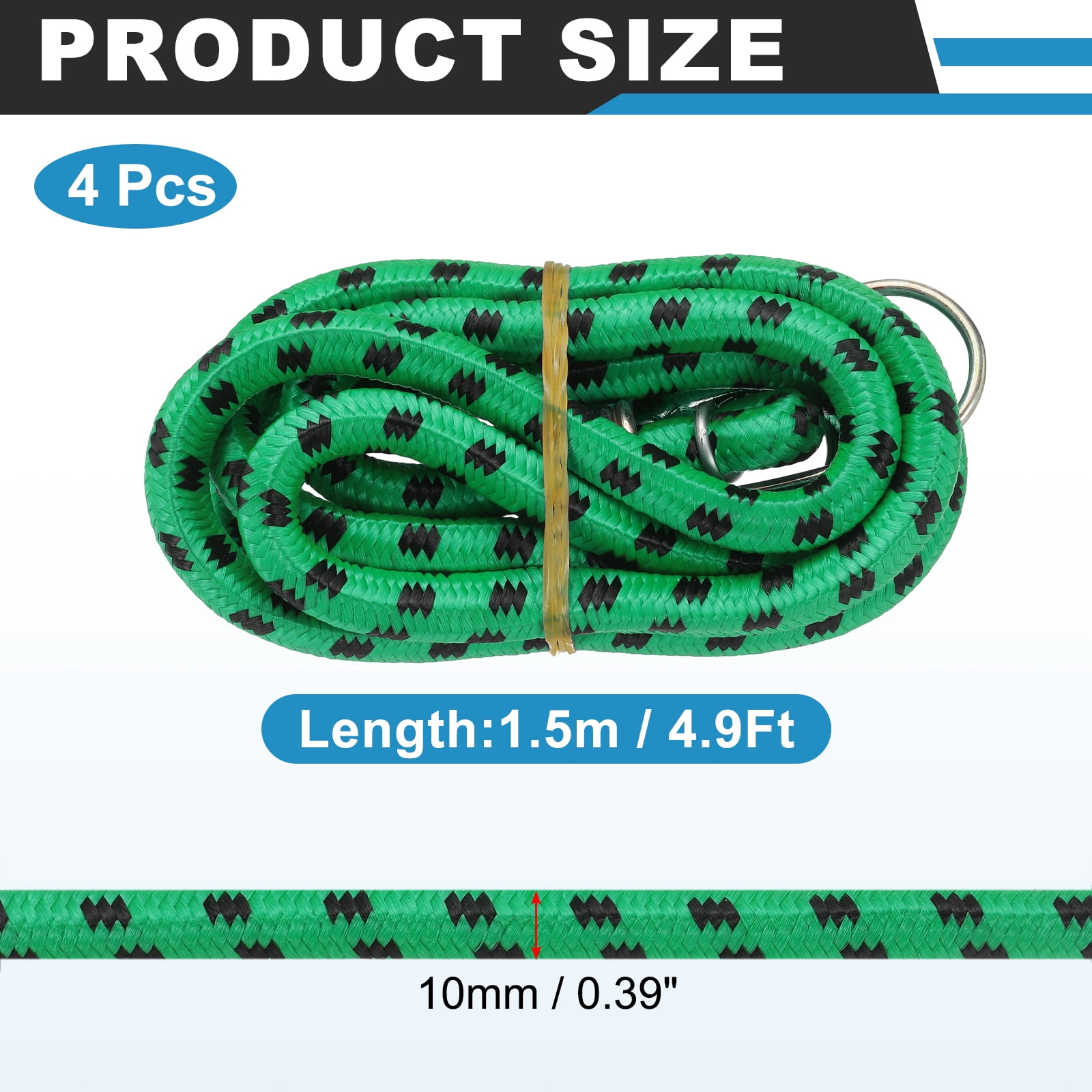 Uxcell 3/8" x 4.9ft Marine Grade Bungee Cord with Hooks, 4Pcs Rubber Heavy Duty Outdoor Elastic Straps Kayak Stretch String Rope for Securing Luggage Moving Cargo, Green