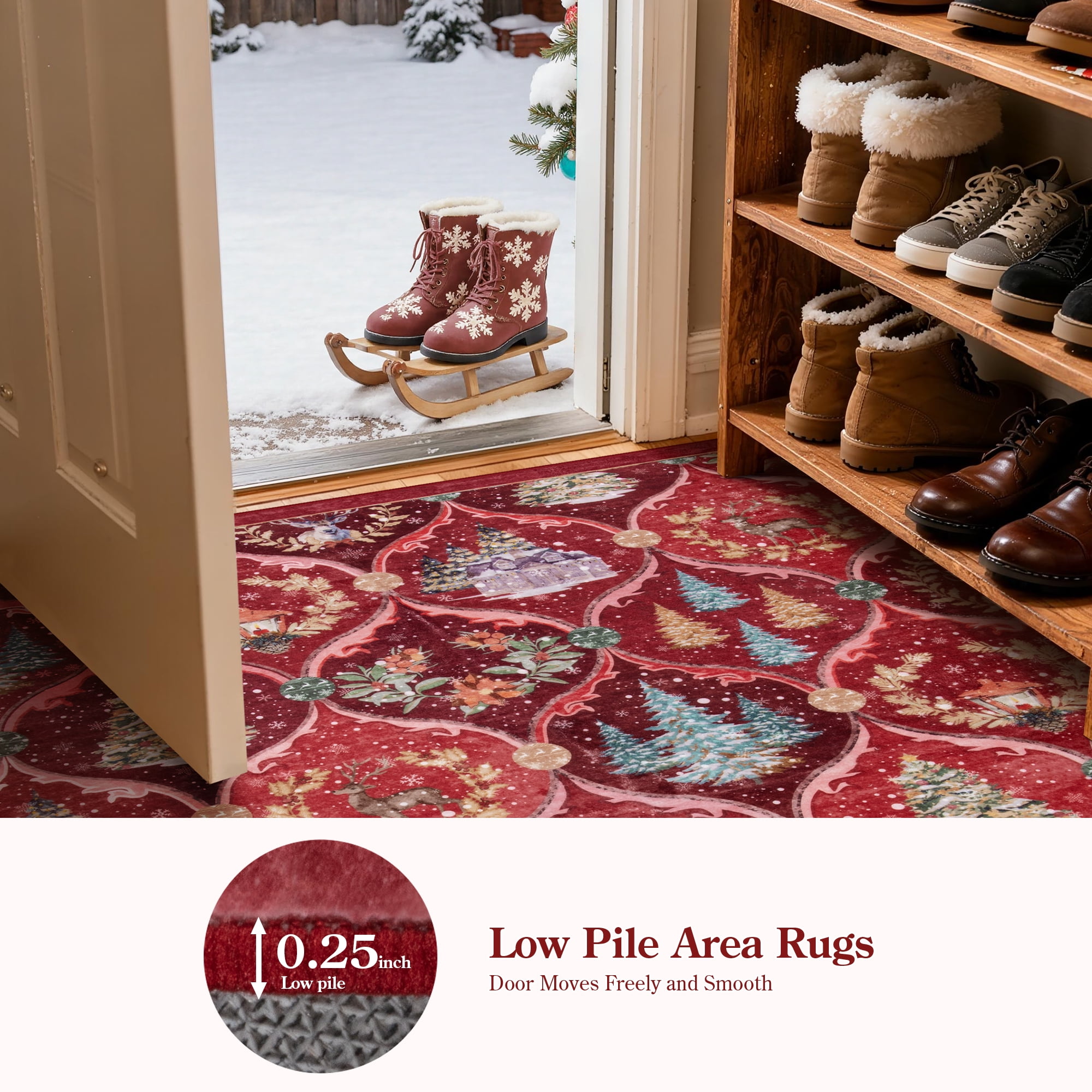 Moynesa Christmas 2'x6' Runner Rugs for Hallway, Washable Kitchen Rug Carpet Runner, Non-Slip Low Pile Soft Winter Moroccan Holiday Xmas Decor Modern Mat for Entrance Bedroom Laundry, Red