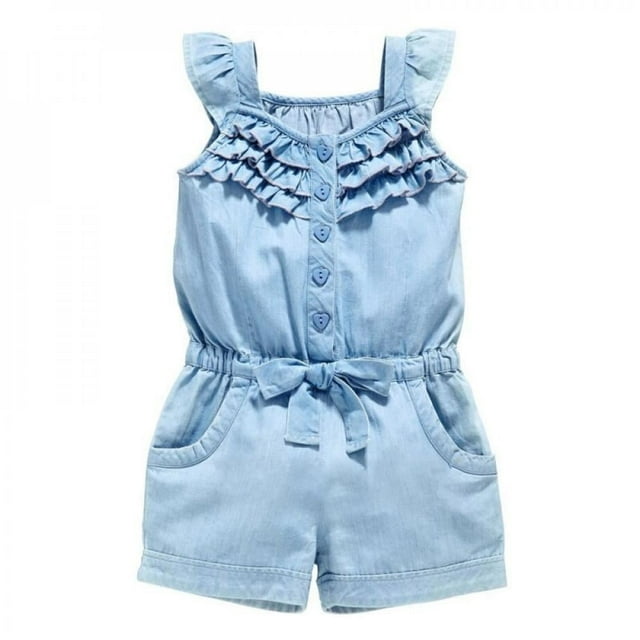 Vêtements pour Tout-Petits Filles, Barboteuses en Denim Bleu, Jeans Délavés en Coton, Combinaison Sans Manches à Nœud, 0-5 Ans