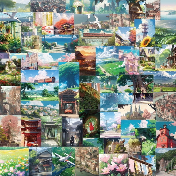 Pegatinas de vinilo con paisajes de anime, paisajes estéticos, 60 unidades