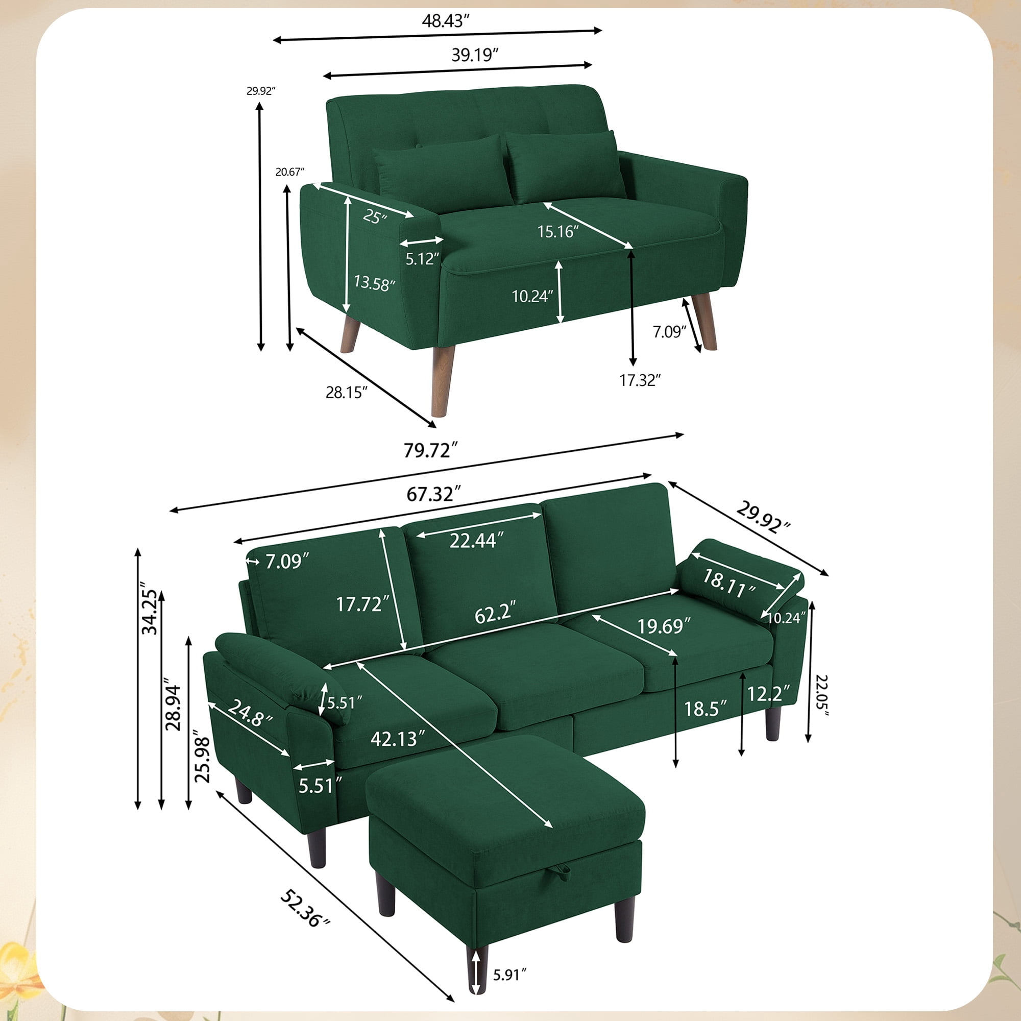 79" Convertible Sectional Sofa Set, Small L Shaped 3-Seat Couch with Reversible Chaise and Accent Chair, Modern Linen Sofas Couches for Living Room, Green