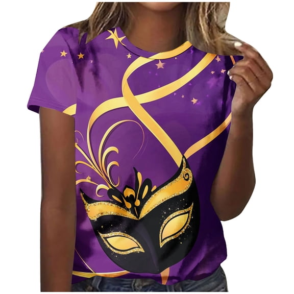 SELONE Mardi Gras T Shirts for Women Musk Carnival Tops Short Sleeve Tuesday Tee Wear Summer Crewneck Party Outfit