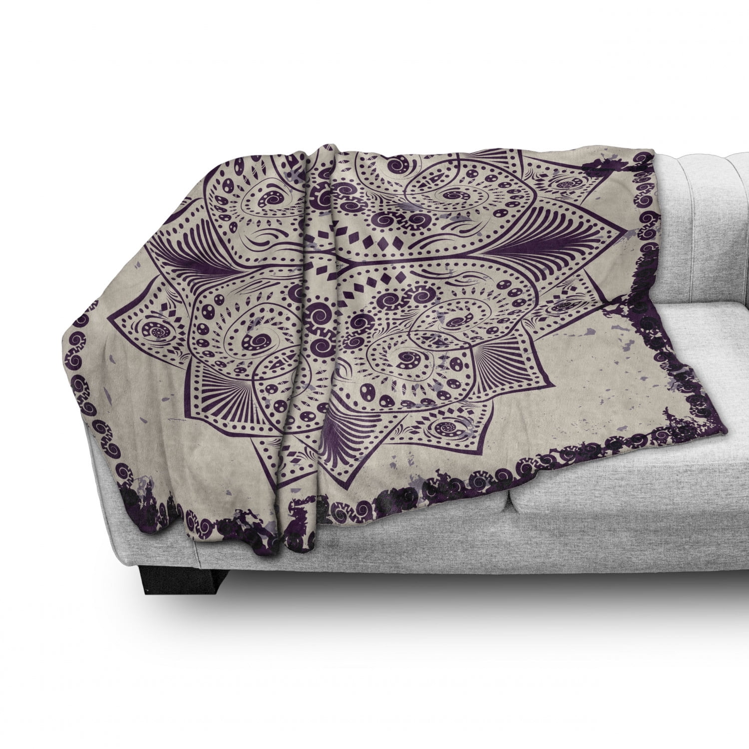 Ambesonne Purple Mandala Soft Flannel Fleece Throw Blanket Cozy Plush for Indoor and Outdoor Use Snowflake Form Inspired Geometric Design on Grungy Background Dark Purple and Eggshell 70 x 90 