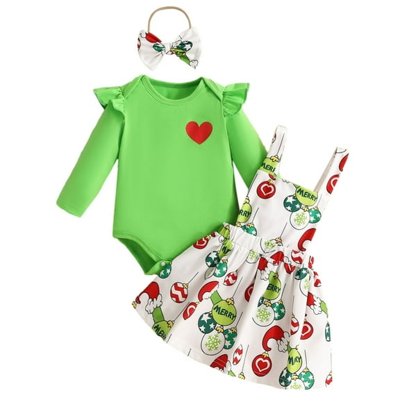 GYRATEDREAM Baby Girl Christmas Outfit Infant Dress Set Long Sleeve Ruffle Romper Suspender Skirt Headband Overall 3Pcs Clothes Set for 0-3M Green