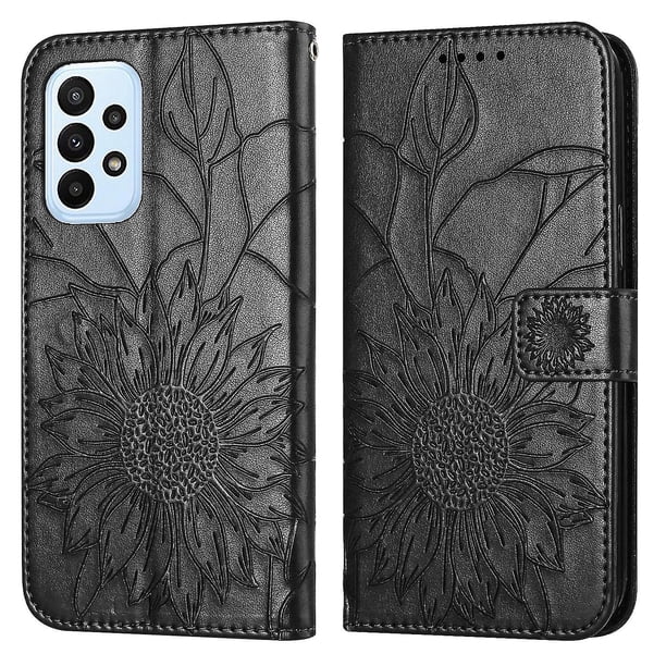 Funda tipo cartera con girasoles grabados para Samsung A32 4g, multifuncional, elegante y con protección total.