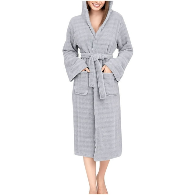 FRSASU Womens Robe, Coral Fleece Bathrobe with Hood, Hooded Robes for Women Plus Size Absorbent Strap Bath Robe Gray Free Size(Free Size)