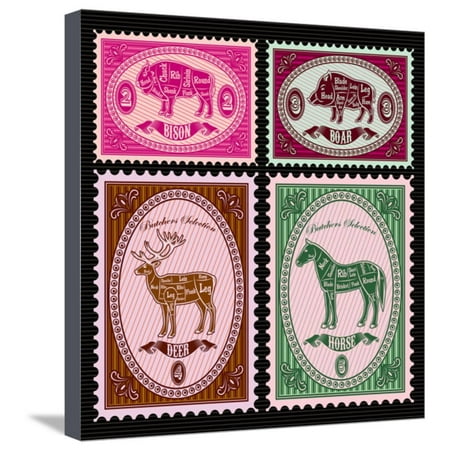 Horse Postage - Set of Vector Postage Stamps with Boar, Bison, Deer, Horse Stretched Canvas Print Wall Art By 111chemodan111