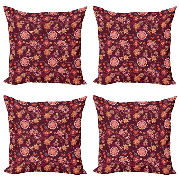 Ambesonne Floral Throw Pillow Cover 4 Pack, Vintage Foliage Composition, 16", Orange Maroon and Yellow