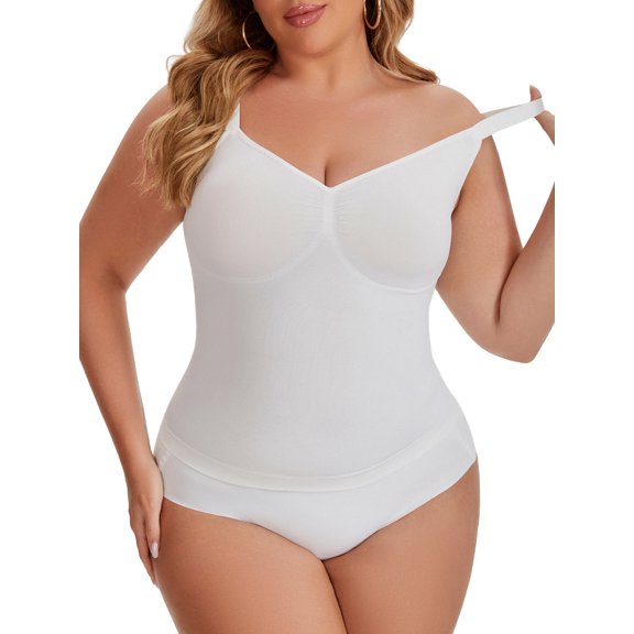 INSPIRE CHIC Tank Tops for Women Plus Size Tummy Control Seamless Bodyshaper V Neck Slimming Compression Cami Shapewear XL White