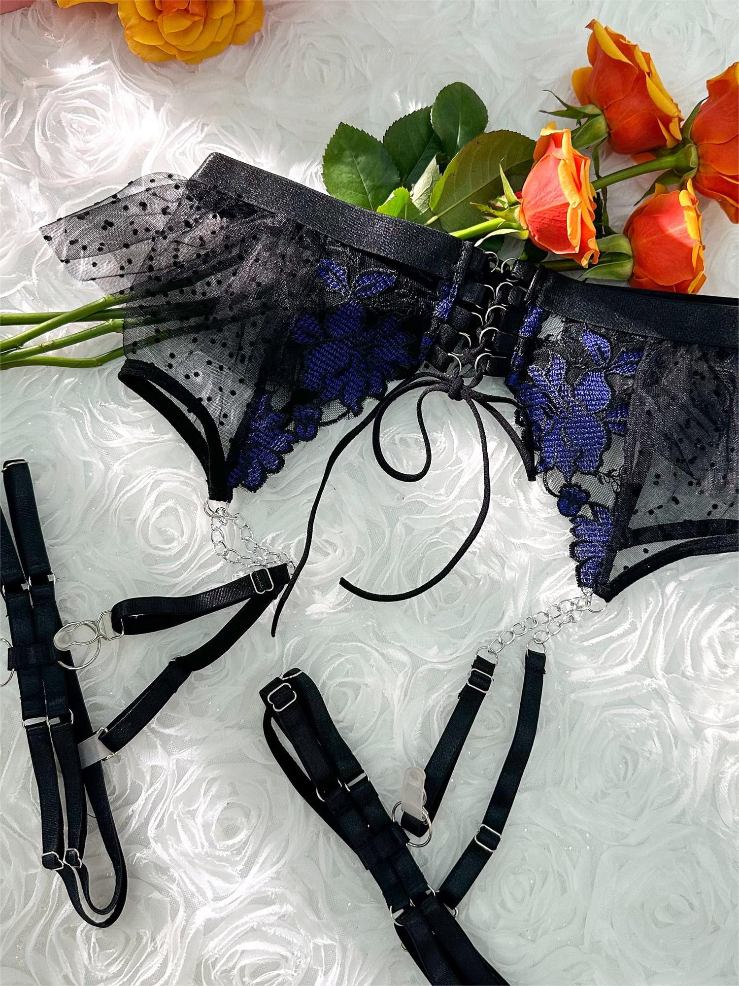 Black&Blue Lace Tie Adjustable Sculpting Body Lingerie Set (BLACK, S)