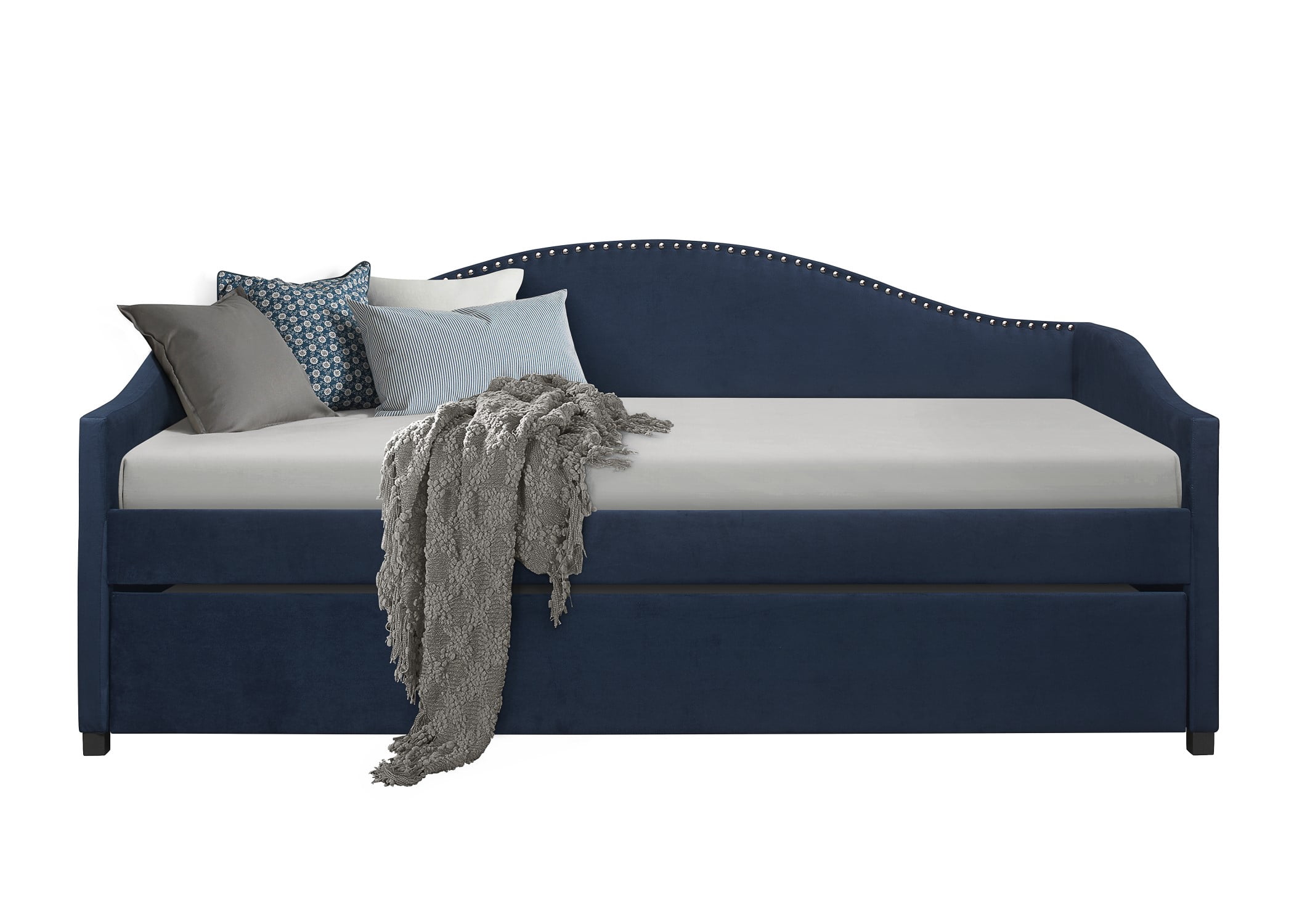 Home Design Clanton Twin Daybed with Pull-Out Trundle, Polyester Upholstery, Nailhead Trim, French Country Design, Stylish and Practical for Living Room or Guest Room, Blue