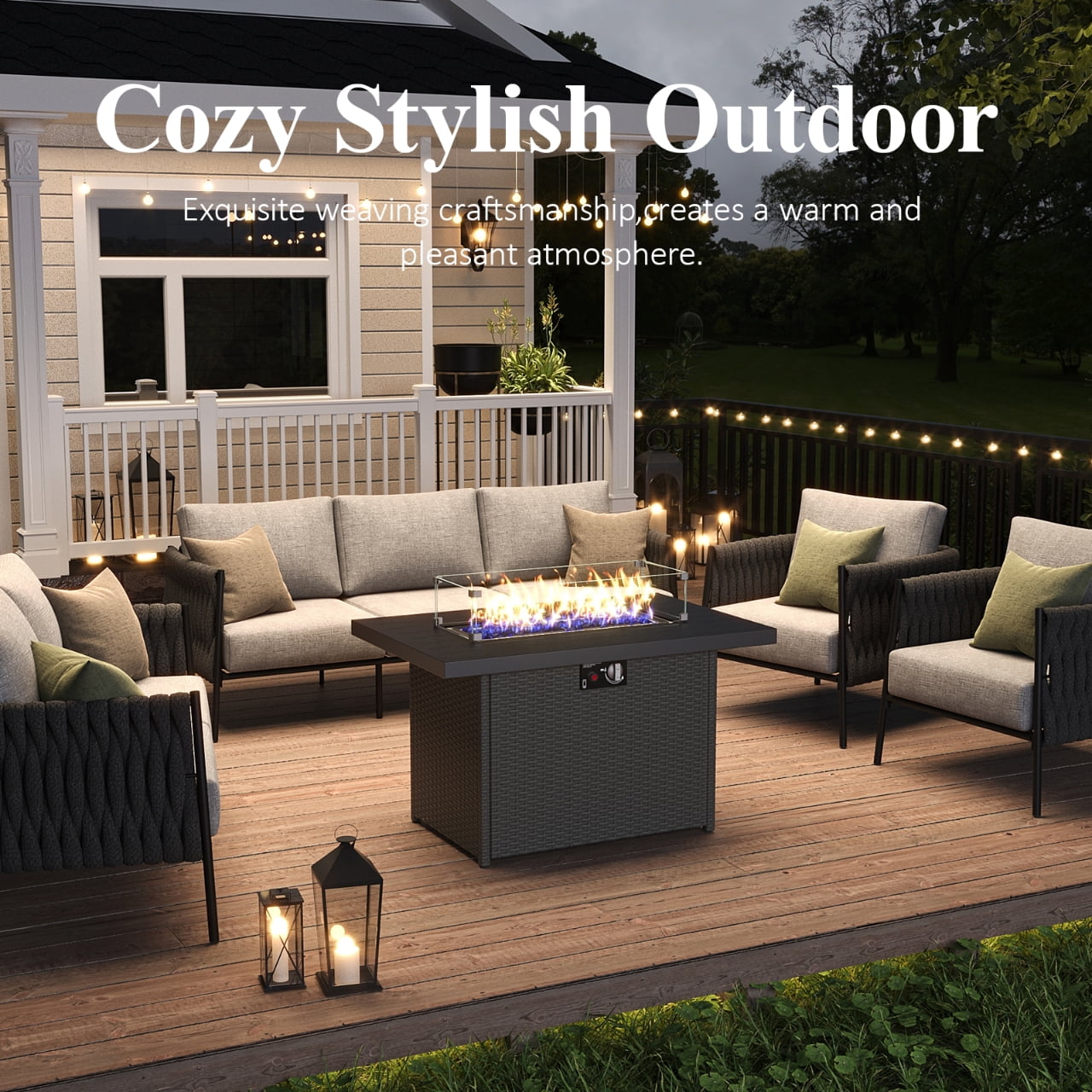 LayinSun 4 Piece Outdoor Furniture Set with Fire Pit Table, Modern Rope Woven Patio Conversation Sofa Set with Olefin Braid and Deep Seating