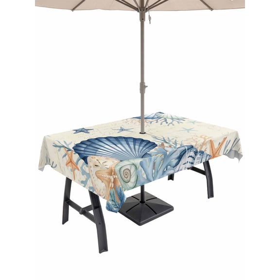 Outdoor Tablecloth with Umbrella Hole for Patio/Picnic/Party/Camping, Navy Blue Shell Coastal Waterproof Table Cloth Rectangle Table Cover Washable, Beige Starfish Coral Summer Beach (60"x 120")