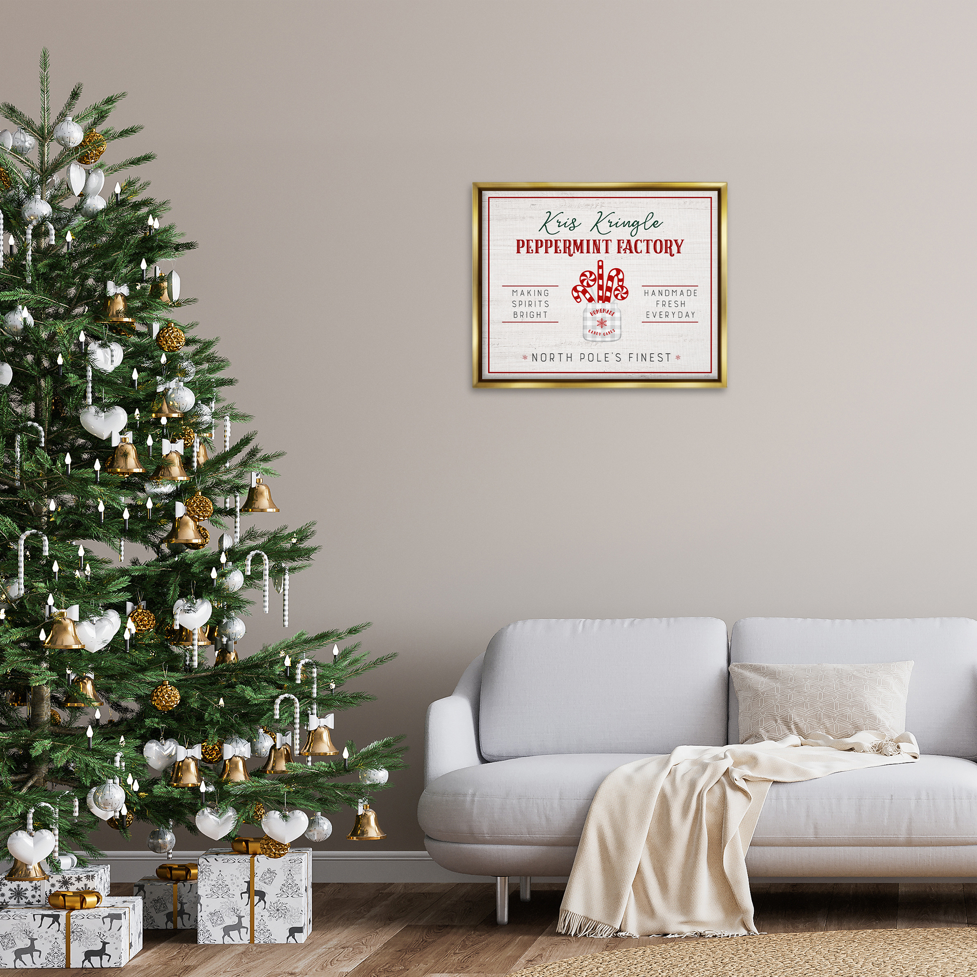 Stupell Industries Holiday Peppermint Factory Holiday Painting Gold Floater Framed Canvas Art Prints Wall Art, 31 x 25