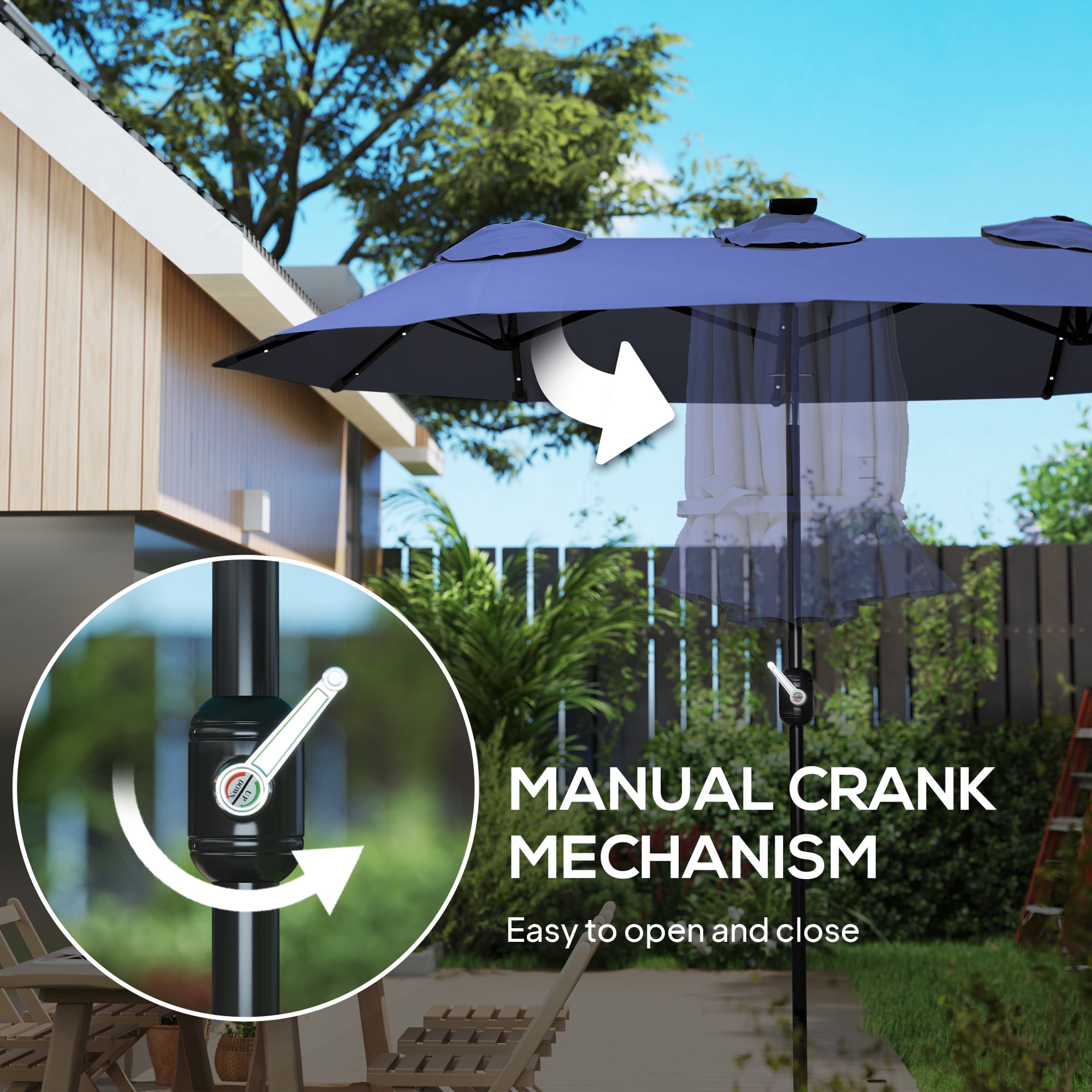 Outsunny 9.7' Double-sided Patio Umbrella with LED Solar Light, Tilt and Crank, Outdoor Umbrella, Navy Blue