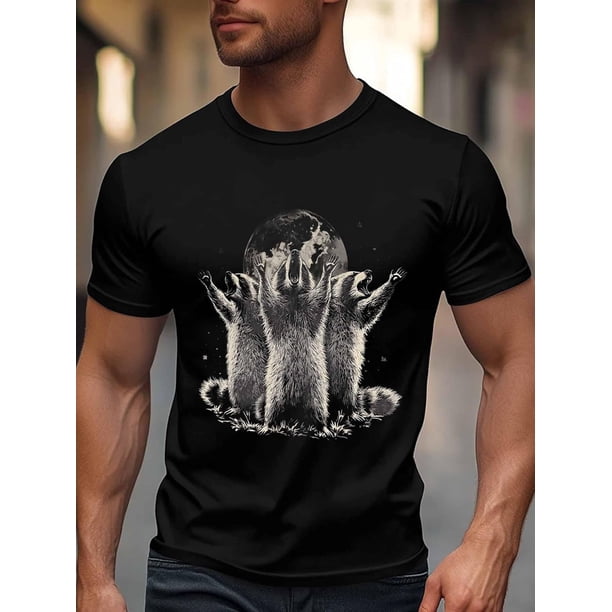 Men's T-Shirt,Short Sleeve Tee Shirt Casual Tops Cheering Little Raccoon Crew Neck T Shirts for Men