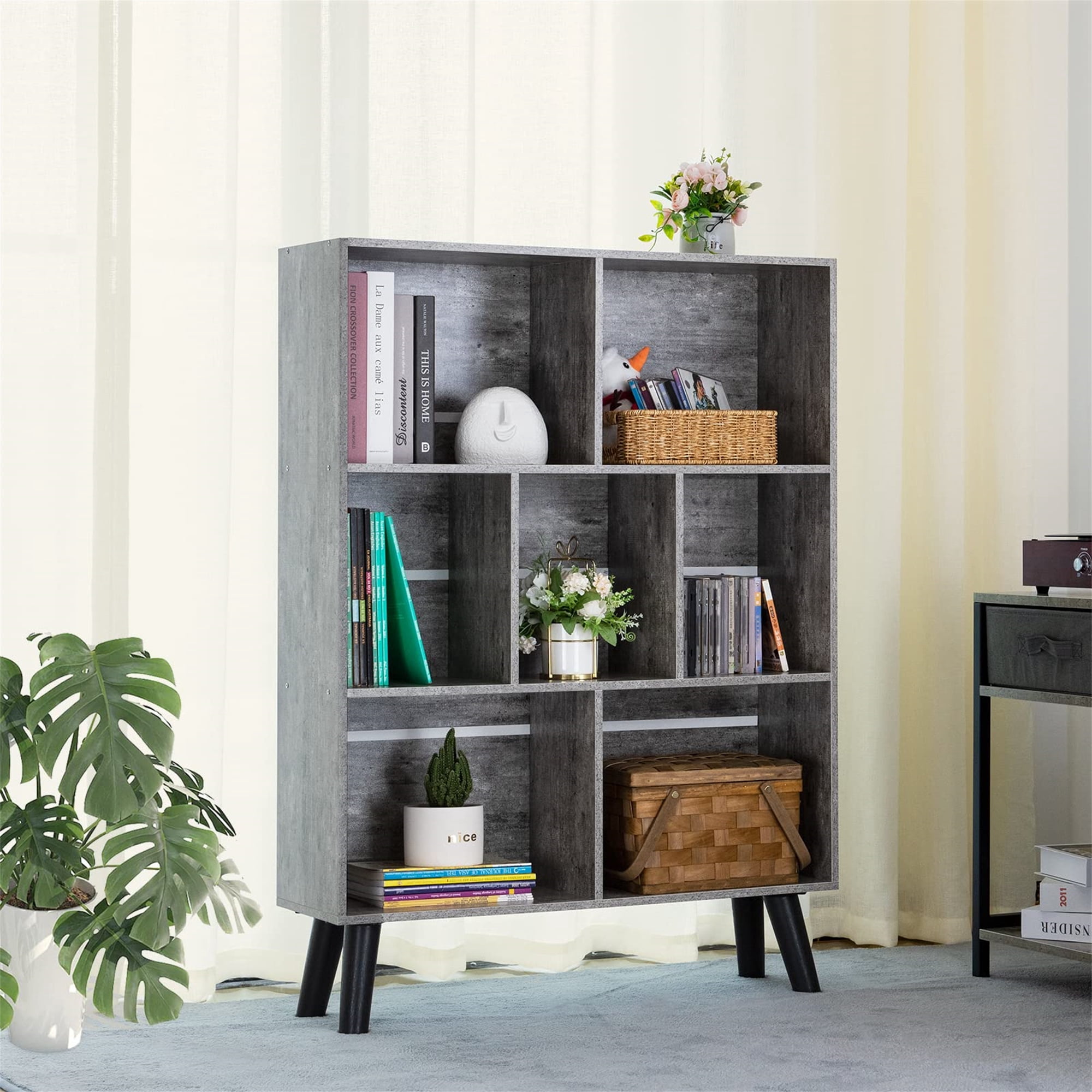 Aukfa 43" Tall Storage Organizer Wooden 7 Cube Bookcase with Legs for Home Office, Gray