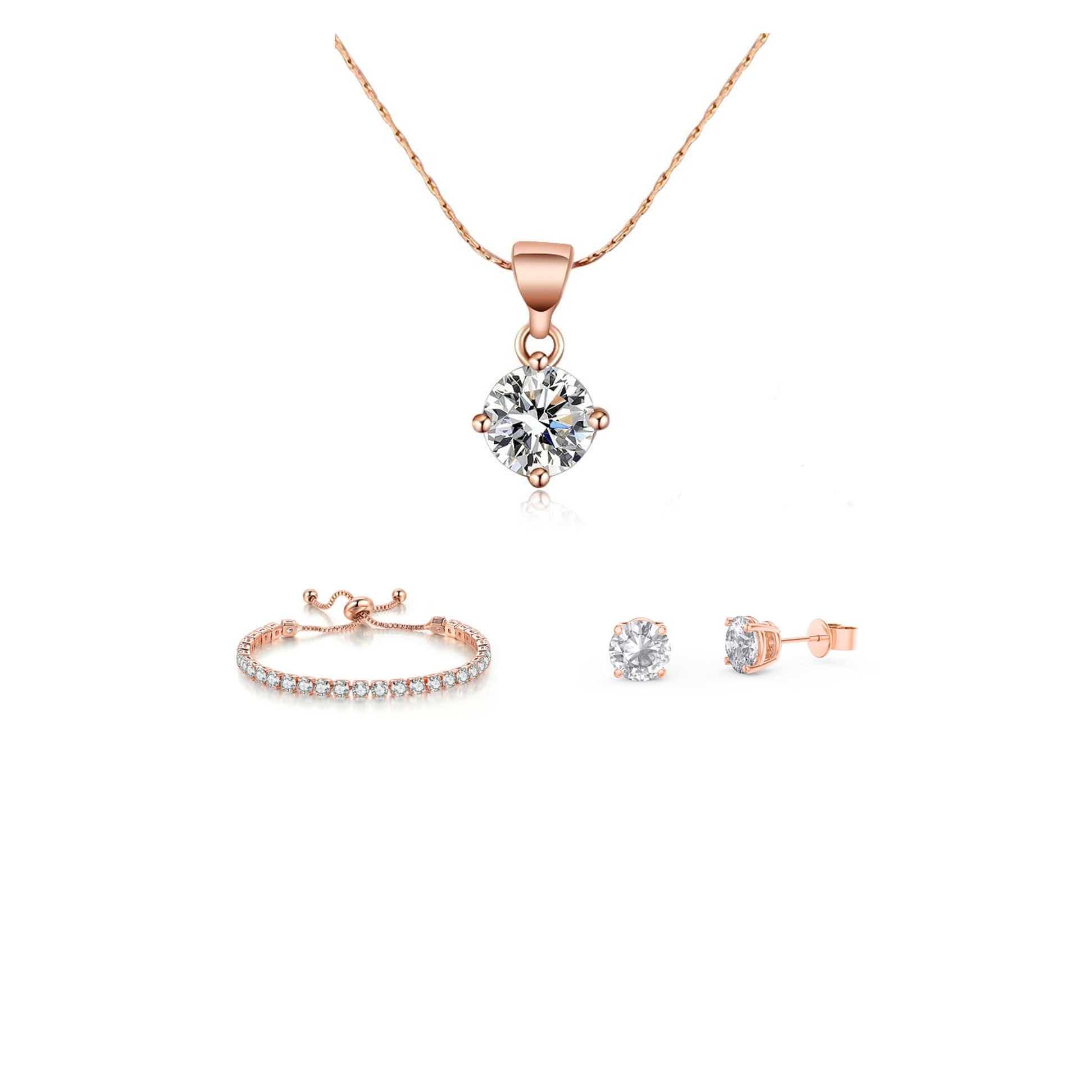 10k Rose Gold 7 Ct Round Created White Sapphire Set of Necklace, Earrings and Bracelet Plated Adult Female