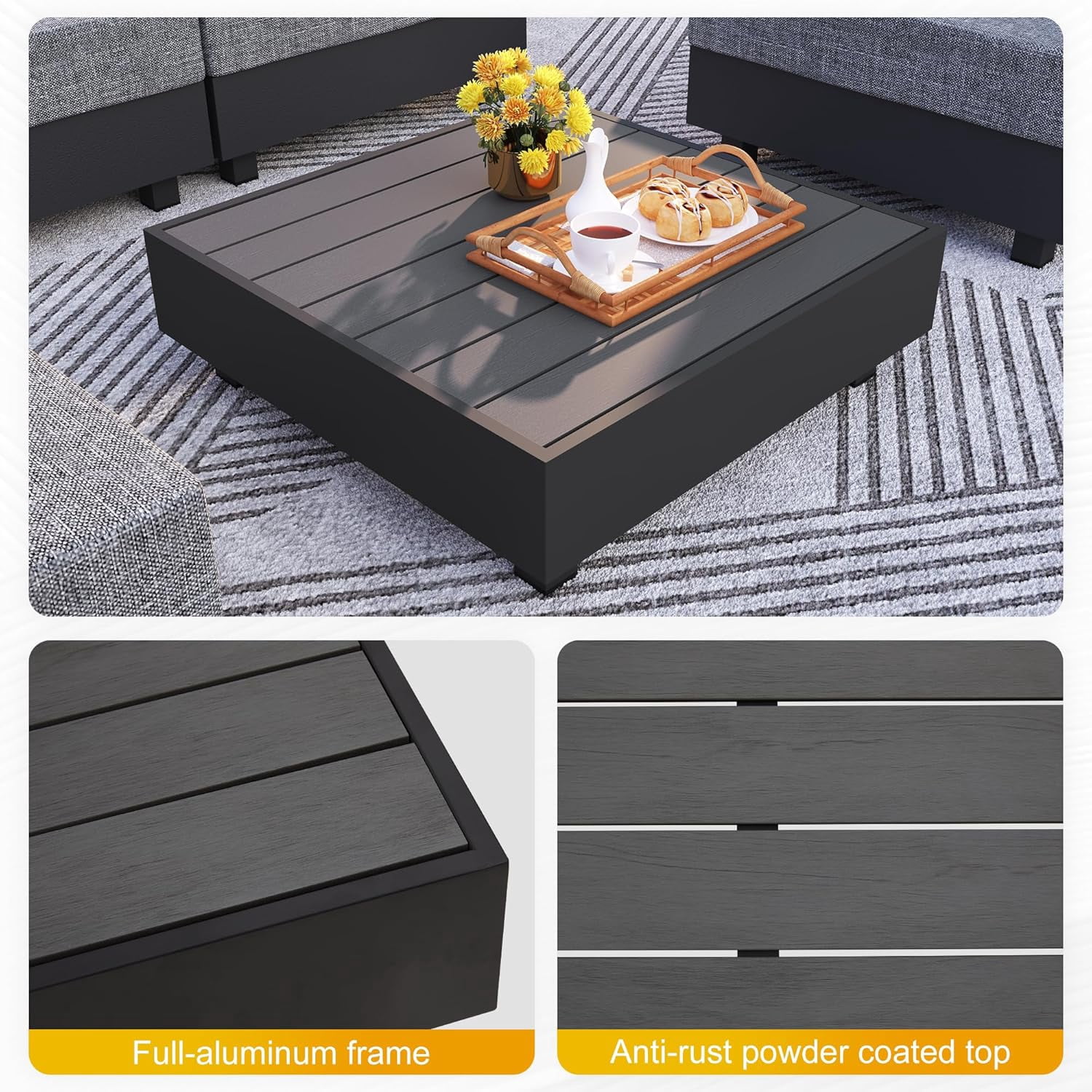 Heynemo 5 Pieces Aluminum Patio Furniture Set, Outdoor Sectional Sofa Conversation Sets with Coffee Table, Modular Armless Chairs Set for Pool Garden Balcony Porch, Grey