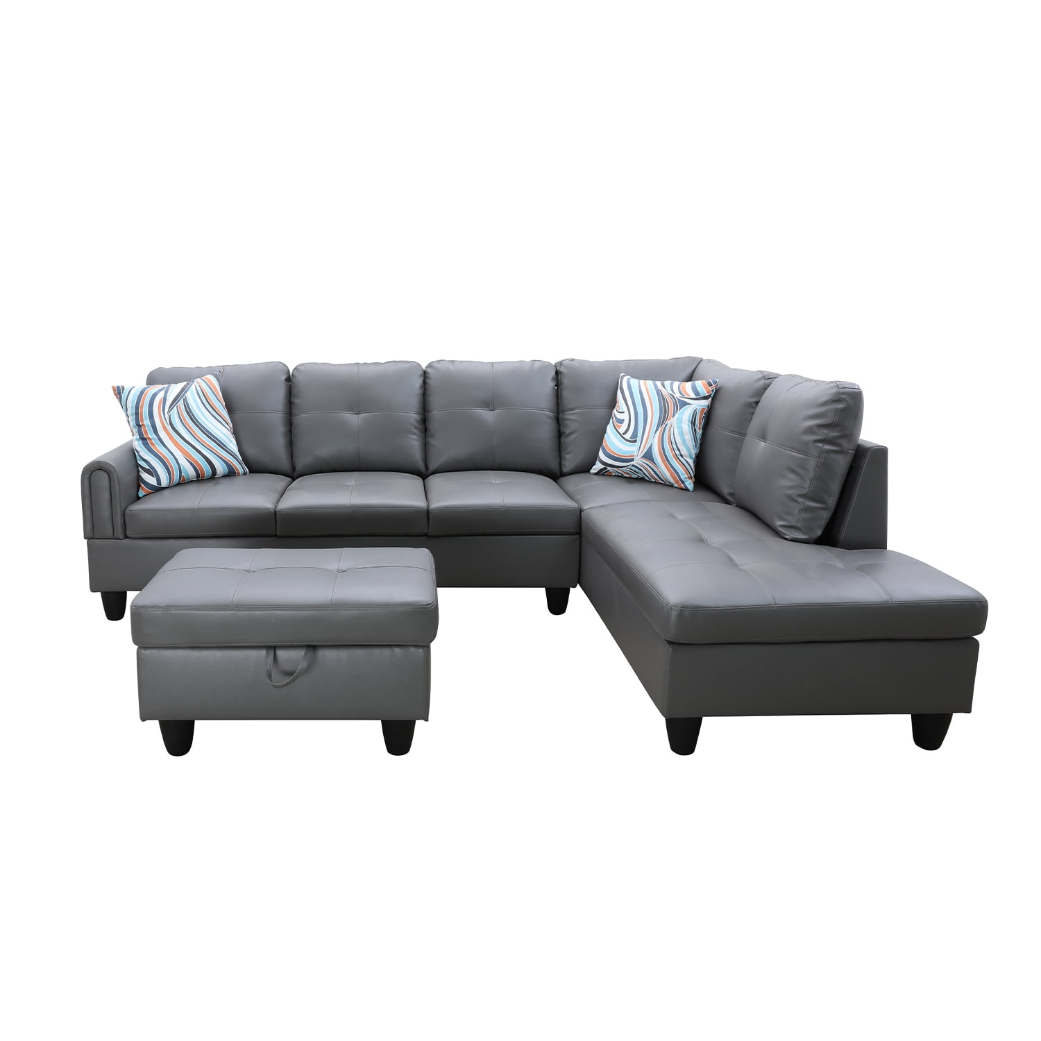 Hommoo L Shaped 4-Seat Couch, Faux Leather Sectional Couches and Sofas, Modern Living Room Furniture Sets Sectional Sofa Set, Dark Grey(No Ottoman)