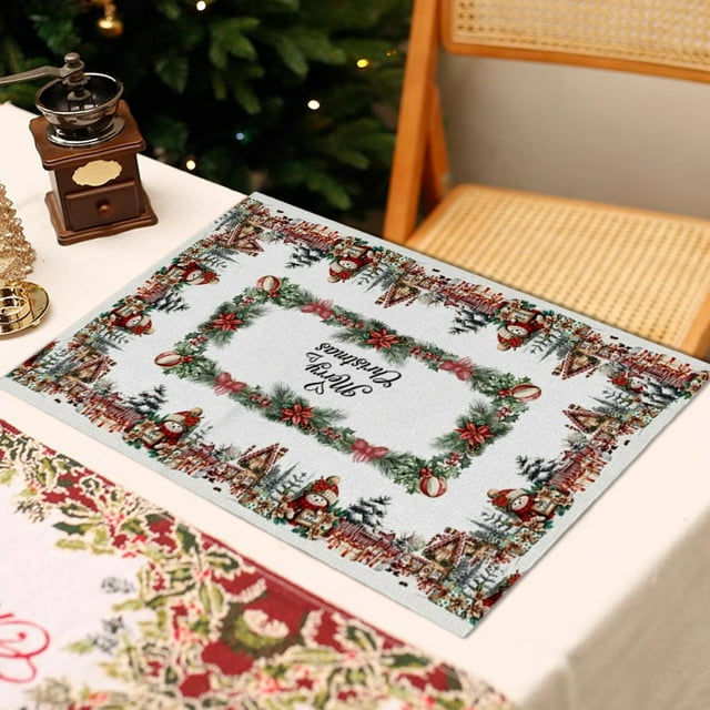 Uklsqma Napperons de Noël et de la Saint-Valentin / Napperons en Polyester Multicolores avec Décorations de Plantes Vertes / 17.7x11.8 Po Protecteurs de Table à Manger Réutilisables Résistants aux Taches pour Fêtes de Vacances