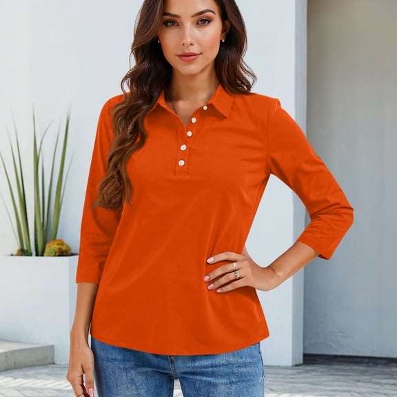 Dwellite Women's Polo Shirt 3/4 Length Sleeve Tops Collared Button Golf Tee Casual Spring Summer Work Shirts Saffron -BN14 L