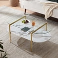 thumbnail image 1 of Rectangle Coffee Table Mid-Century Modern Design L W x H for Living Room - Structure Amber Glass Top and Walnut MDF Shelf Sleek Conical Metal Legs with Gold Finish, 1 of 9