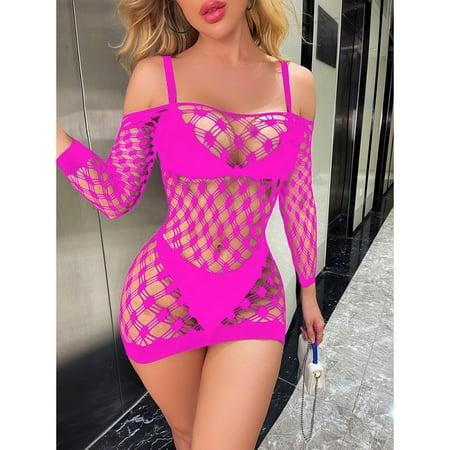 Generic Sexy Lingerie Sexy Fishnet Clothes Long Sleeve Transparent Cutout Dot Jacquard Stockings Tight Jumpsuit Hip Skirt