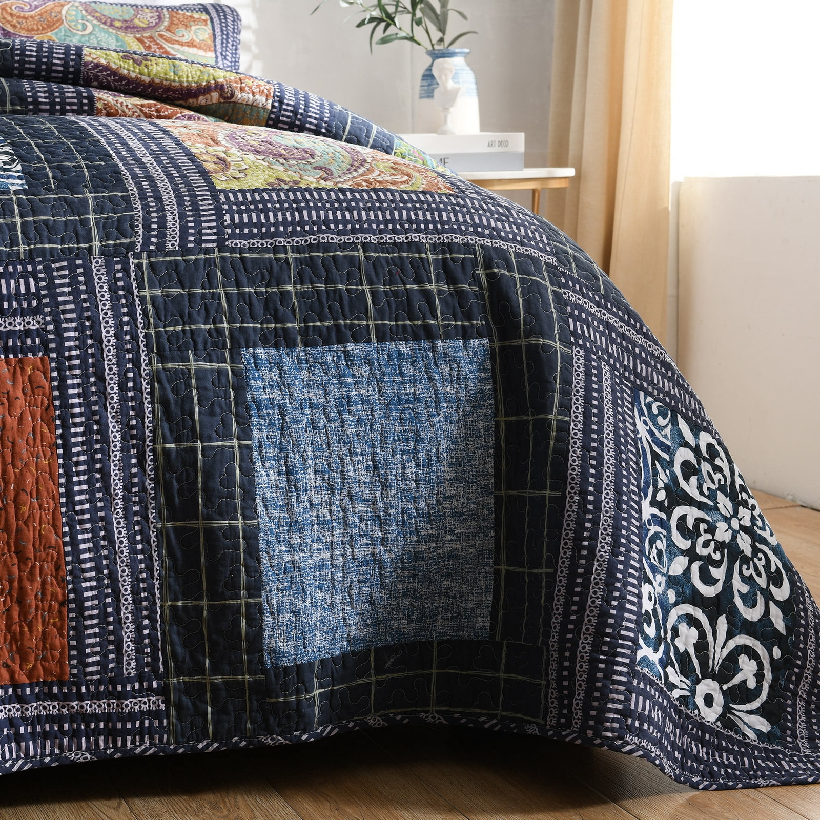 WannaToo Cotton Bedspread Quilt Set for All Season, Blue Patchwork, King