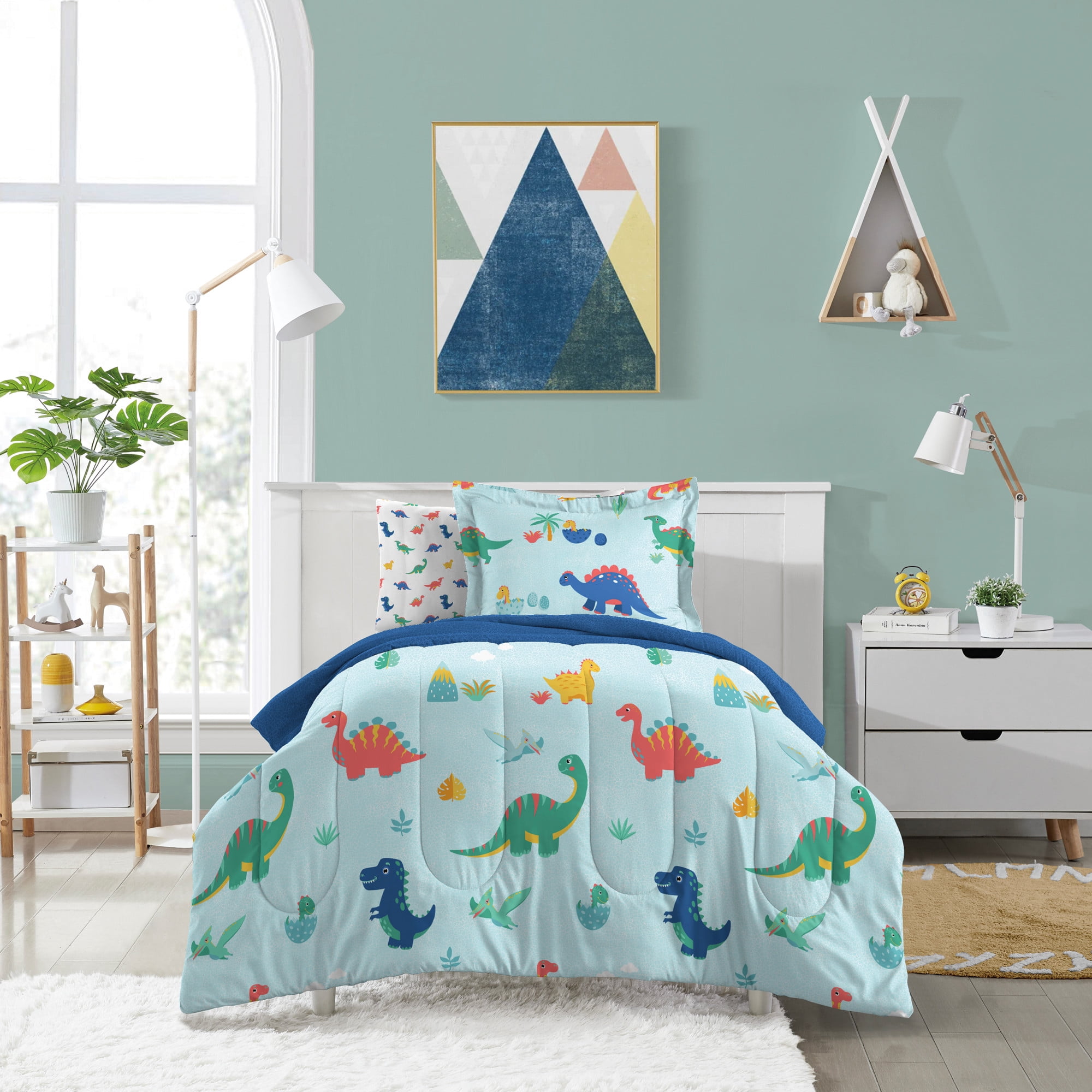 Dream Factory Sweet Dino Twin Bed in a Bag Blue, Microfiber, 100% Polyester Fill, Male, Child