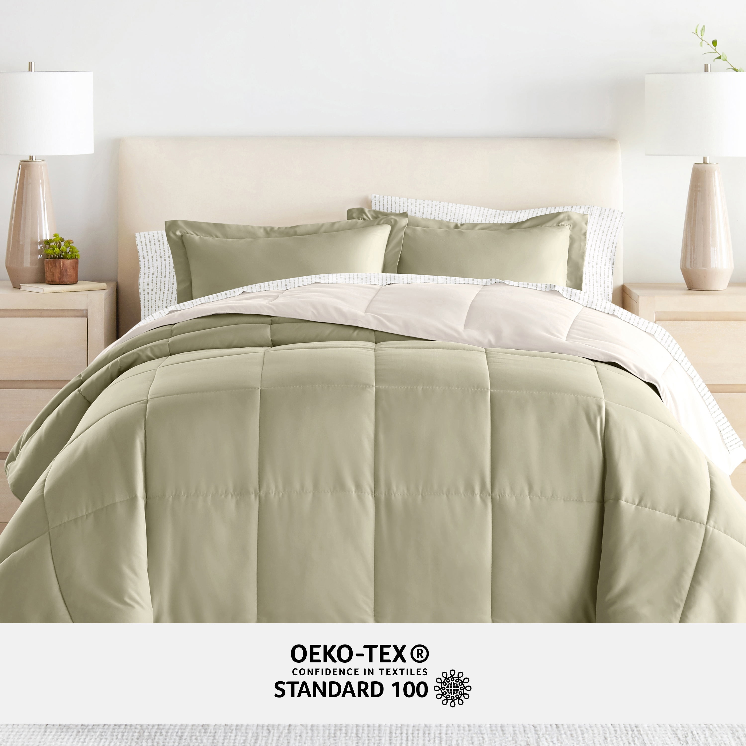 Noble Linens 5 Piece Bedding Bundle, Reversible Comforter and Patterned Sheet Set, Twin
