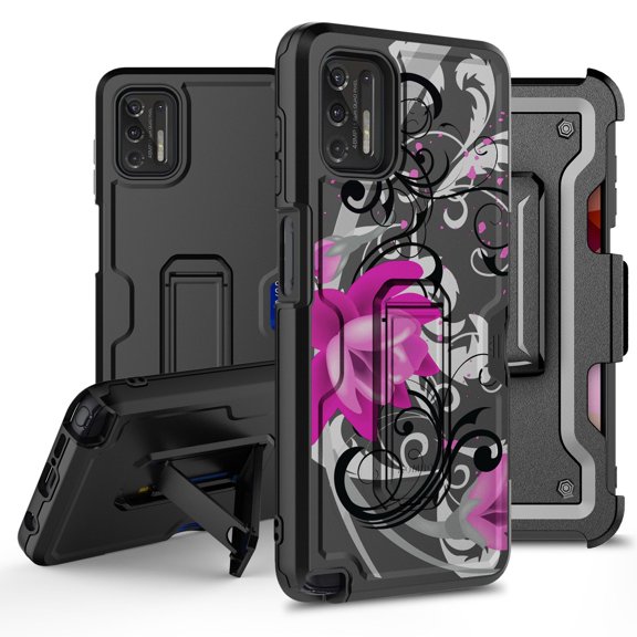 ANJ  Rugged Hybrid Shockproof Case w/Kickstand   Holster Clip Card Slot Cover for Motorola Moto G Stylus (2021 Release) - Lotus