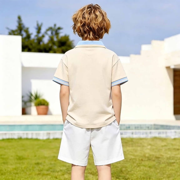 NinXxx Boys Summer Style Turn Collar Short Sleeve School Shirt Daily Wear Beige 120.00