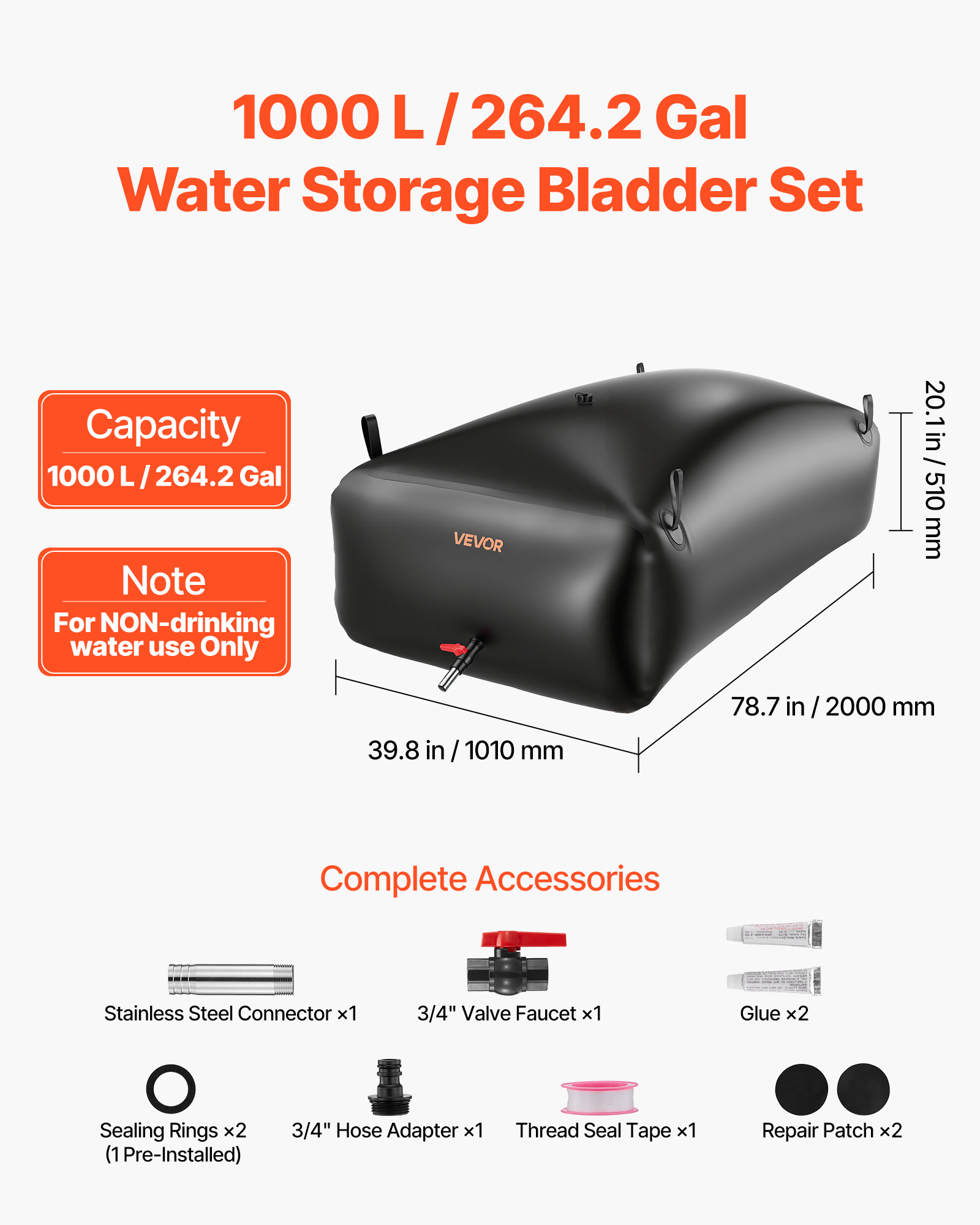 VEVOR Water Storage Bladder, 264.2 Gal Collapsible Water Storage Bag, Wear-Resistant 1000D PVC Soft Waters Bag, Leakproof Camping Tank Containers for Garden Irrigation RV Emergency Use, Black