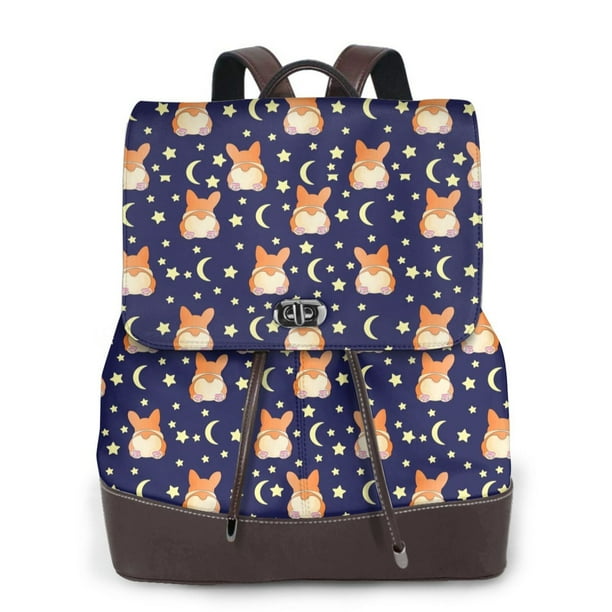 Easygdp Corgi Lying With Moons And Stars Mochila de Cuero para Mujeres, Bolso de Hombro, Bolsos de Mano de Moda para Trabajo y Viajes