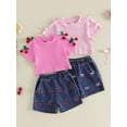 thumbnail image 3 of BemeyourBBs Toddler Baby Girl Summer Clothes 2 Piece Denim Outfits Short Sleeve T Shirt Tops and Bow Cherry Embroidery Jeans Shorts Set Toddler Girls Spring Summer Outfit, 3 of 9