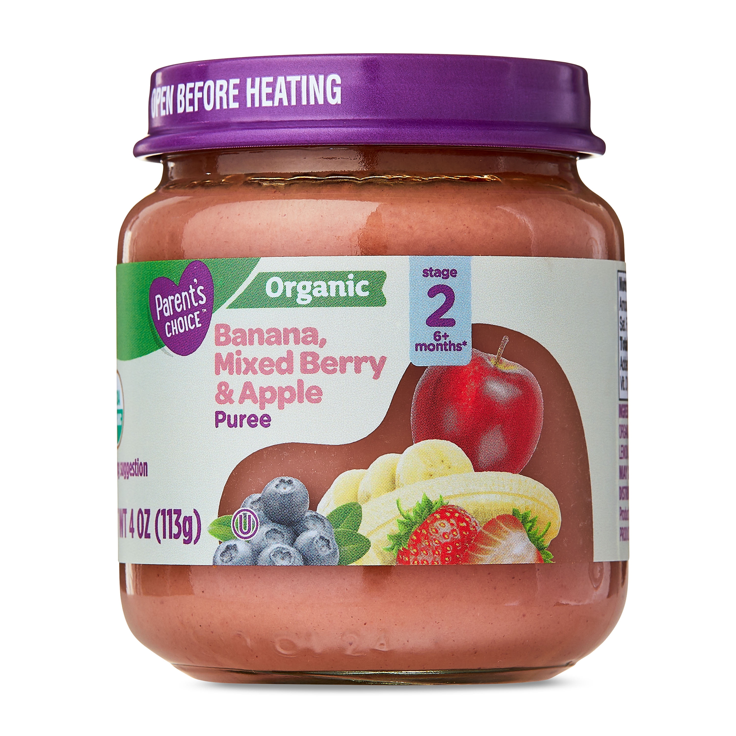 (12 pack) Parent's Choice Organic Stage 2 Baby Food Banana, Mixed Berry, and Apple Puree, 4 oz Jar