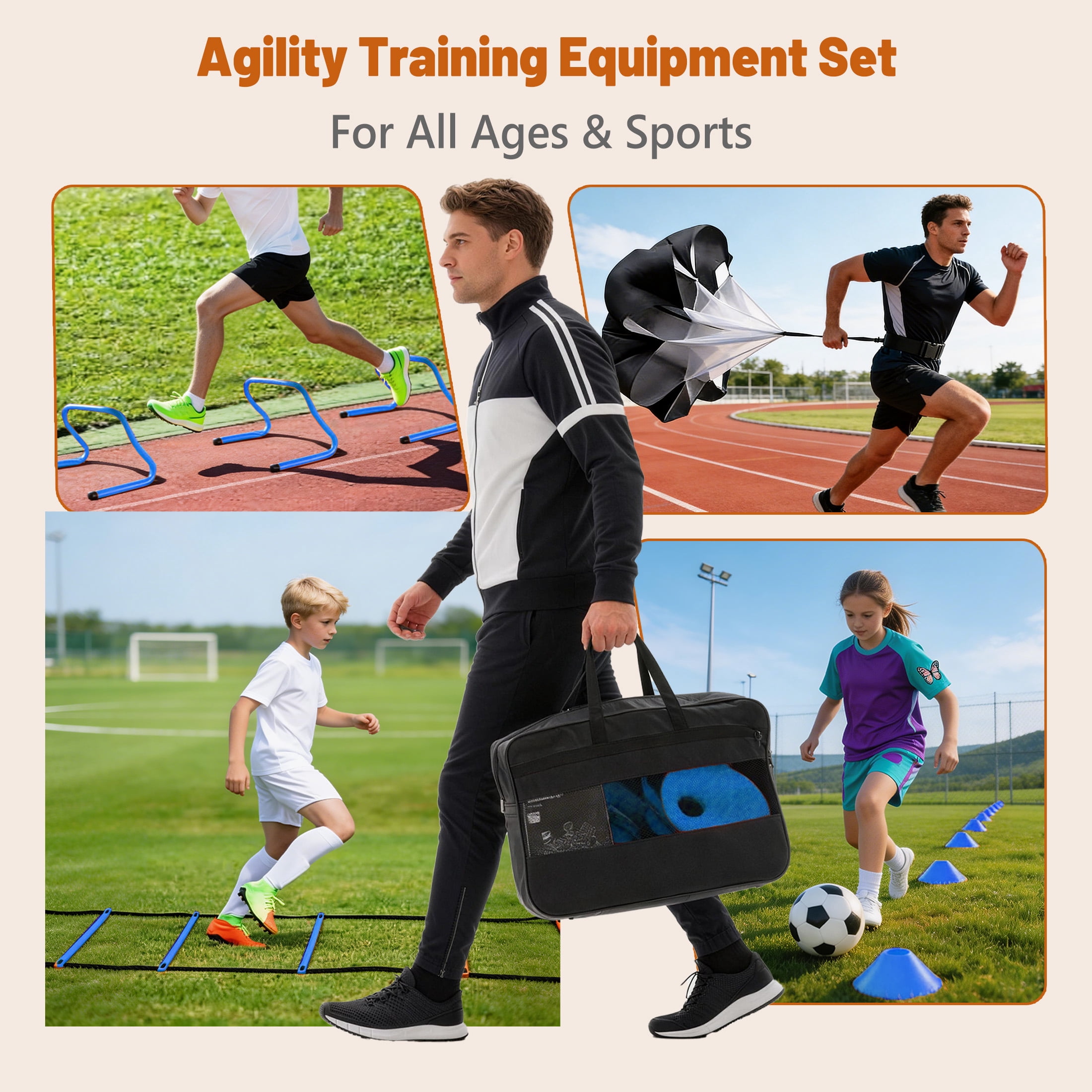 CONCETTA Agility Ladder Training Set with Speed Parachute, Hurdles, Cones, Jump Rope, Athletic Speed & Coordination Workouts Equipment, Blue