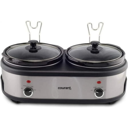 Courant Double Slow Cooker 2.5 Quart Crock each, 5.0 Quart Total Pots, with Individual Easy Cooking Options, Dishwasher Safe Stainproof Stoneware Pots and Glass Lids, Stainless Steel