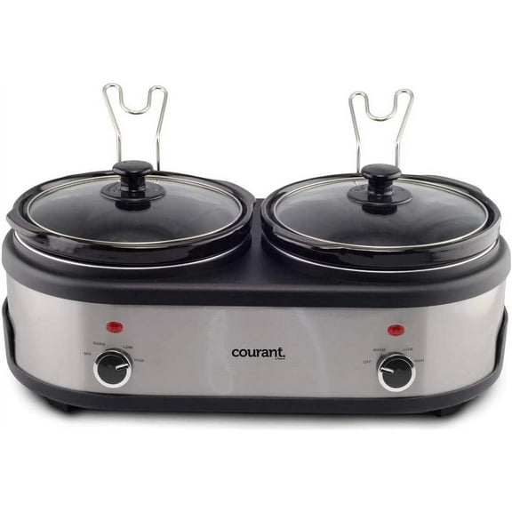 Courant Double Slow Cooker 2.5 Quart Crock each, 5.0 Quart Total Pots, with Individual Easy Cooking Options, Dishwasher Safe Stainproof Stoneware Pots and Glass Lids, Stainless Steel