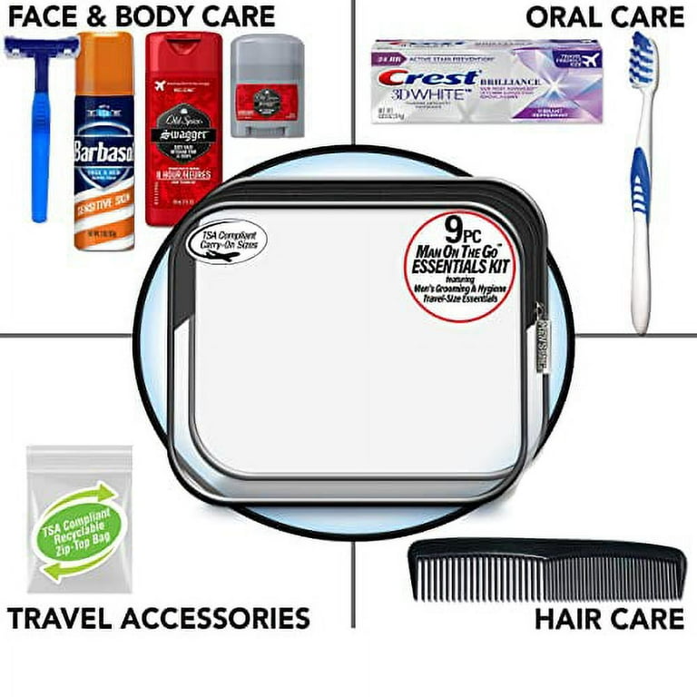 Mens Travel Toiletries Kit, Travel Bag of Hygiene Essentials for Bath,  Shaving and Personal Care, 12 Mini TSA approved items in Reusable Zipper  Bag