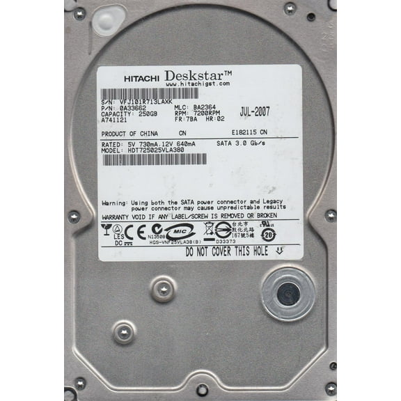 HDT725025VLA380, PN 0A33662, MLC BA2364, Hitachi 250GB SATA 3.5 Hard Drive