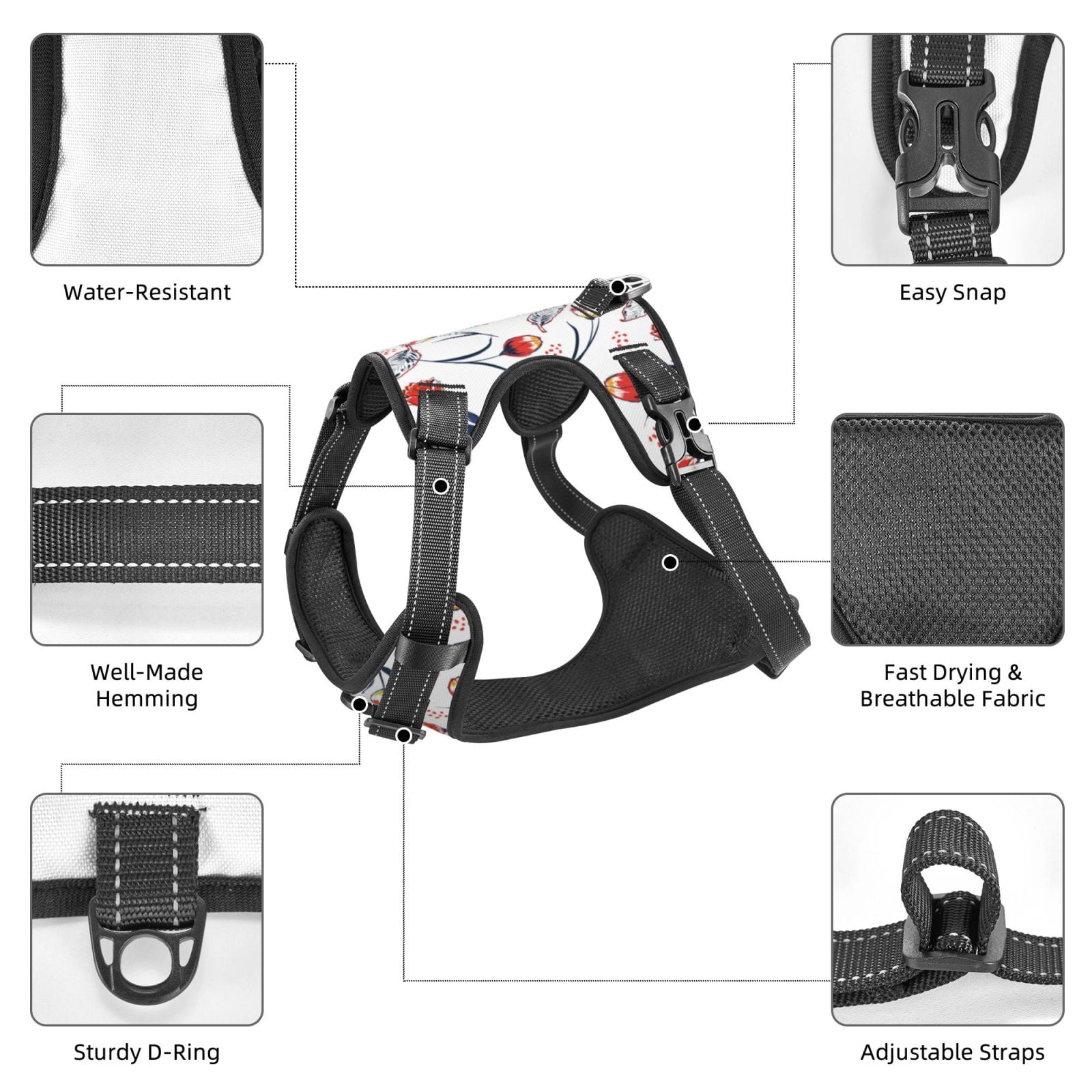 Fuzoiu Tulips Flowers Print Reflective Dog Harness,Adjustable, Breathable Pet Vest,Dog Harness No Pull,No Choke Pet Vest for Small, Medium, and Large Dogs-Medium