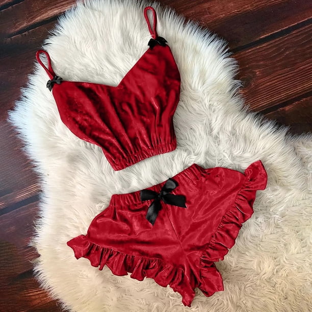 Pijama de terciopelo con cuello en V para mujer, camisola Sexy, conjunto de pantalones cortos con lazo, ropa interior para el hogar, Tops y pantalones cortos