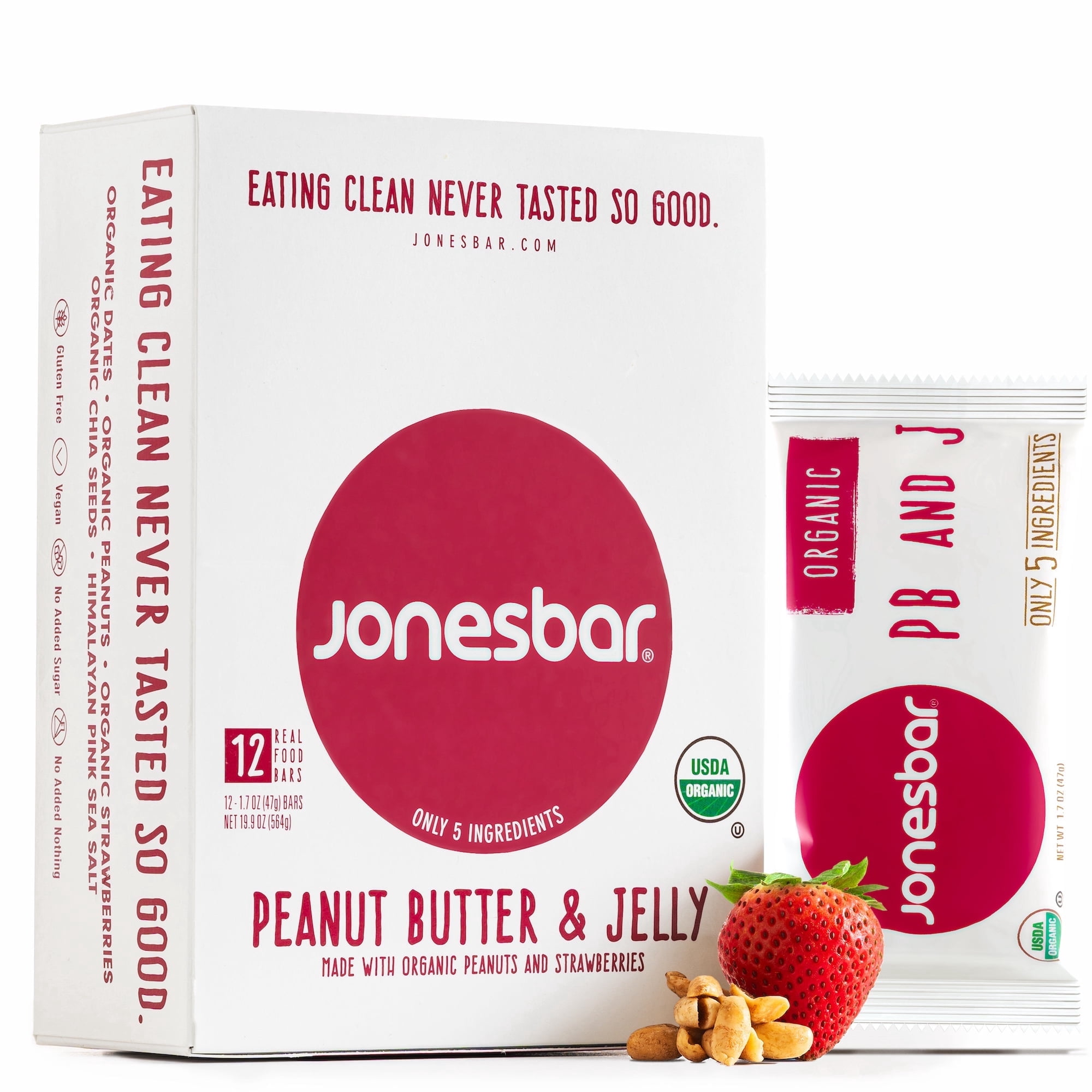 Jonesbar Natural Chewy Peanut Butter & Jelly Snack Bars, Organic, Kosher, Gluten Free, Vegan, 12 Count