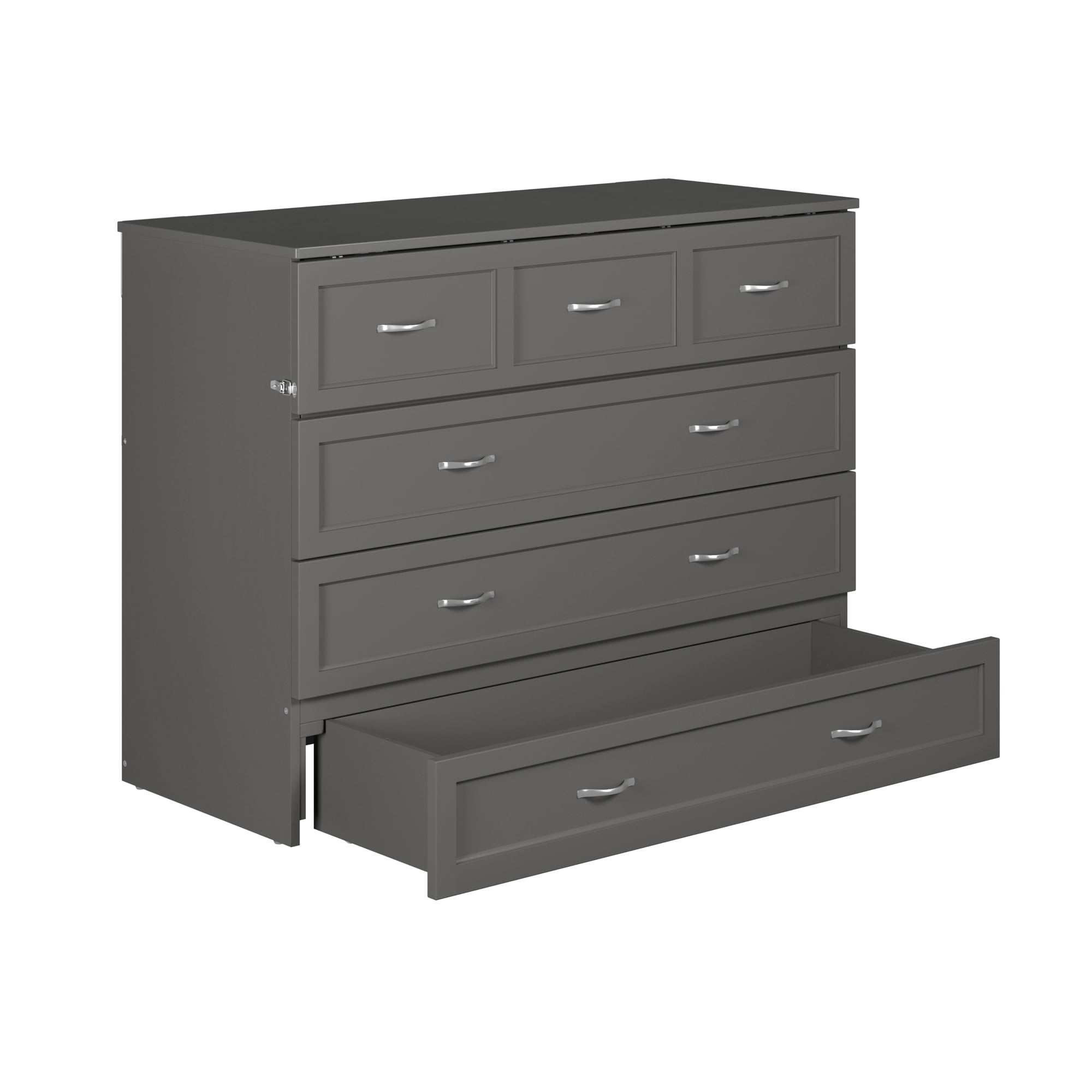 AFI Deerfield Full Solid Wood Murphy Bed Chest with Mattress, Drawer & Charger in Gray